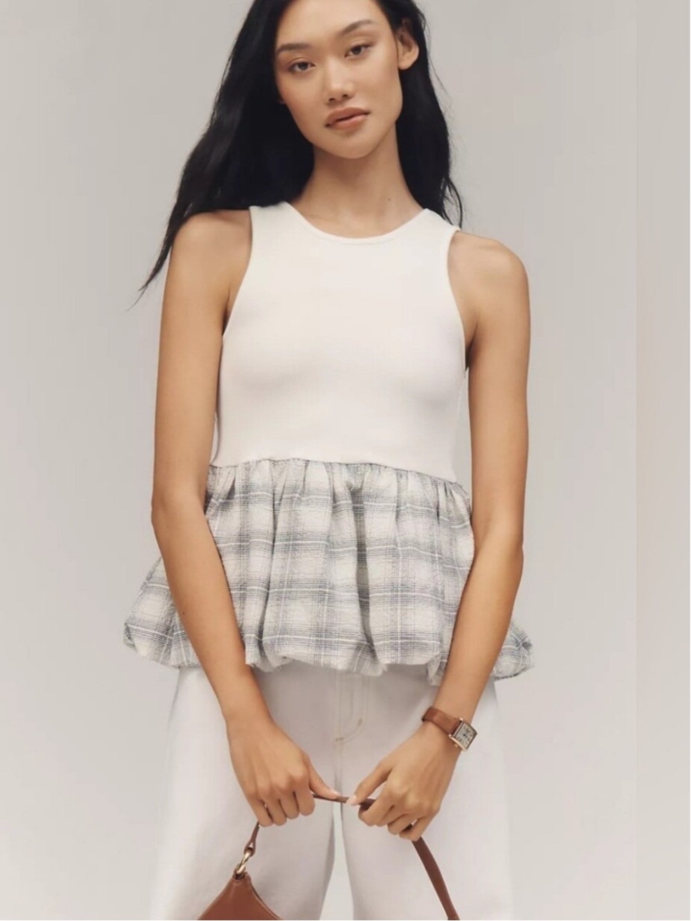 Anthropologie Sleeveless White Peplum Tank with Plaid Ruffle Hem